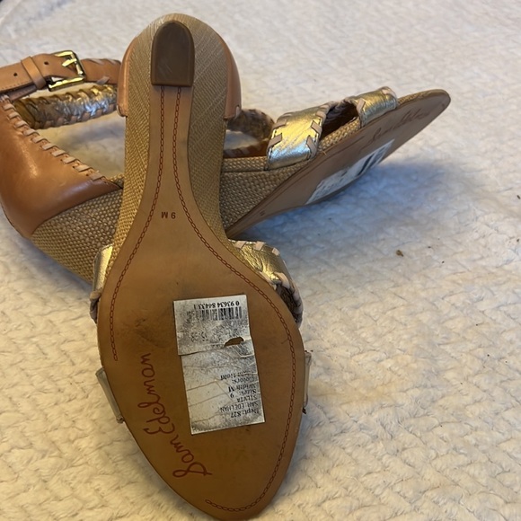 Sam Edelman Silvia Gold Beige Leather Zipper Back Wedge Sandals Ankle Strap Sz 9 - Picture 12 of 12